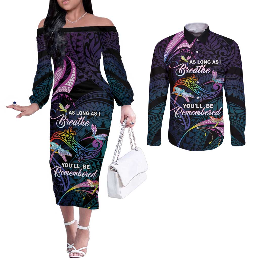 Personalised Polynesia Memorial Couples Matching Off The Shoulder Long Sleeve Dress and Long Sleeve Button Shirt Always Remembered Dragonfly Polynesian Style