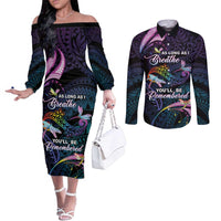 Personalised Polynesia Memorial Couples Matching Off The Shoulder Long Sleeve Dress and Long Sleeve Button Shirt Always Remembered Dragonfly Polynesian Style
