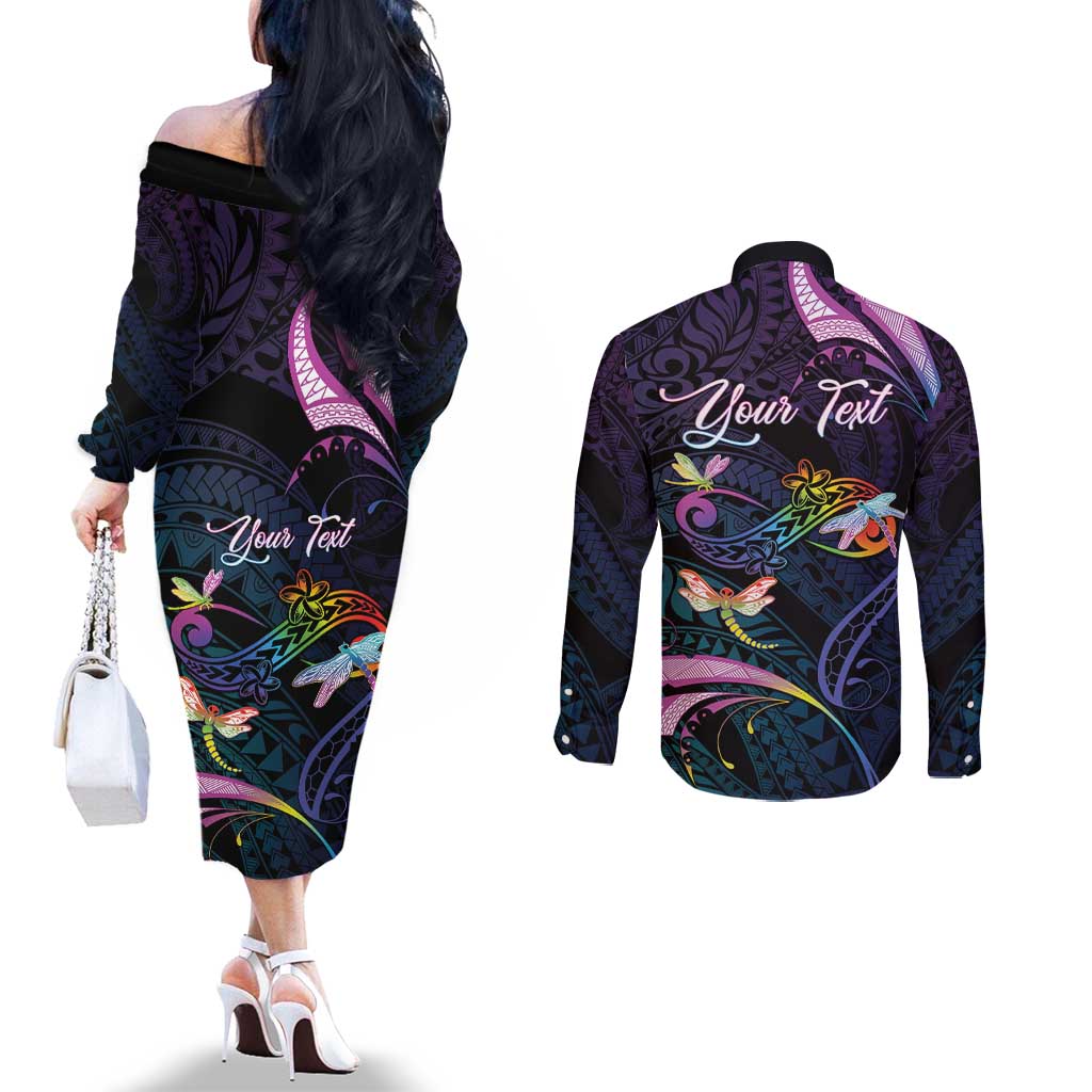 Personalised Polynesia Memorial Couples Matching Off The Shoulder Long Sleeve Dress and Long Sleeve Button Shirt Always Remembered Dragonfly Polynesian Style