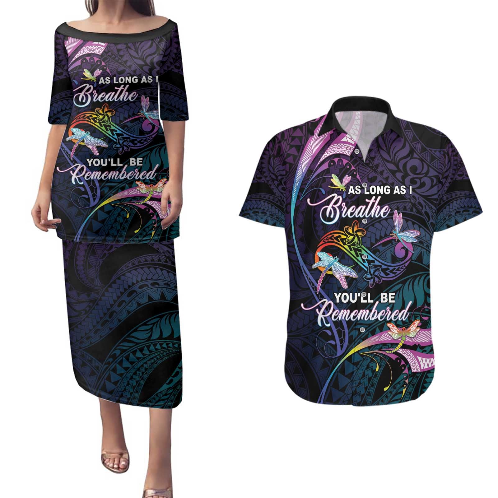 Personalised Polynesia Memorial Couples Matching Puletasi and Hawaiian Shirt Always Remembered Dragonfly Polynesian Style