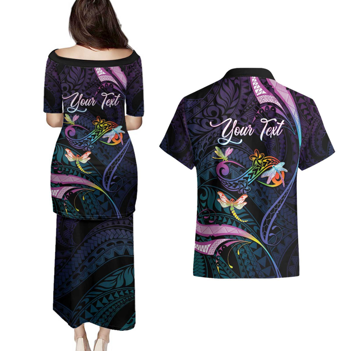 Personalised Polynesia Memorial Couples Matching Puletasi and Hawaiian Shirt Always Remembered Dragonfly Polynesian Style