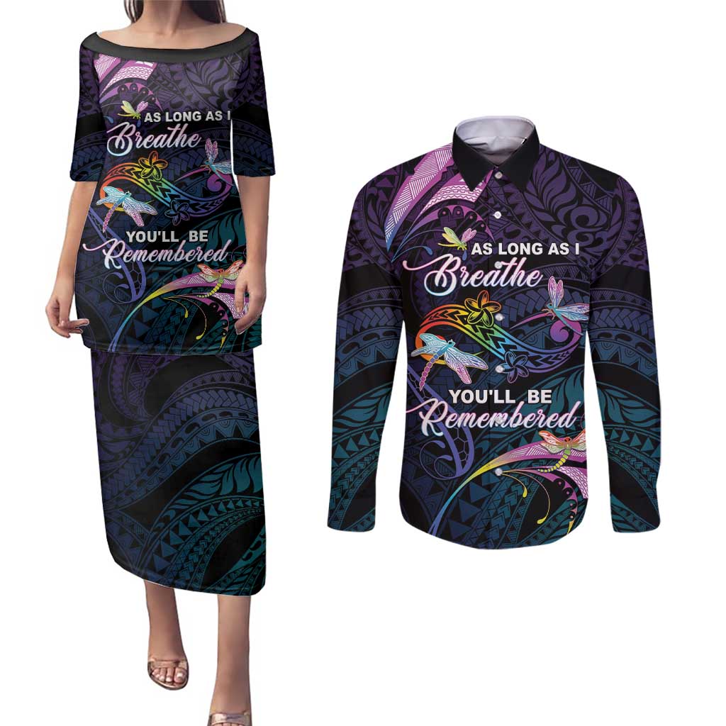 Personalised Polynesia Memorial Couples Matching Puletasi and Long Sleeve Button Shirt Always Remembered Dragonfly Polynesian Style