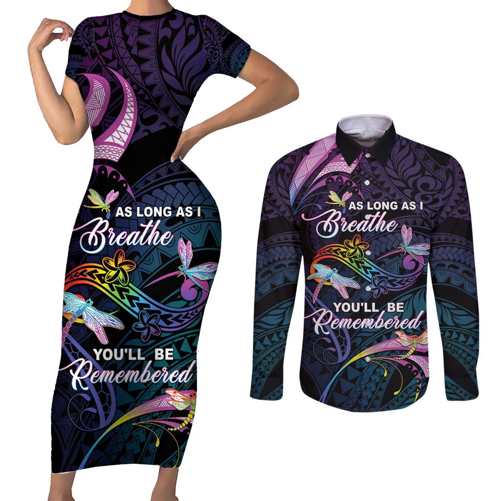 Personalised Polynesia Memorial Couples Matching Short Sleeve Bodycon Dress and Long Sleeve Button Shirt Always Remembered Dragonfly Polynesian Style