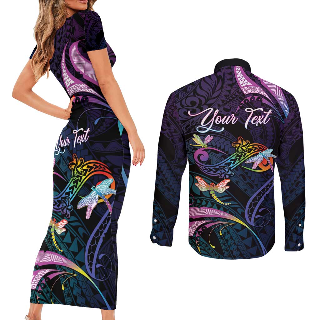 Personalised Polynesia Memorial Couples Matching Short Sleeve Bodycon Dress and Long Sleeve Button Shirt Always Remembered Dragonfly Polynesian Style