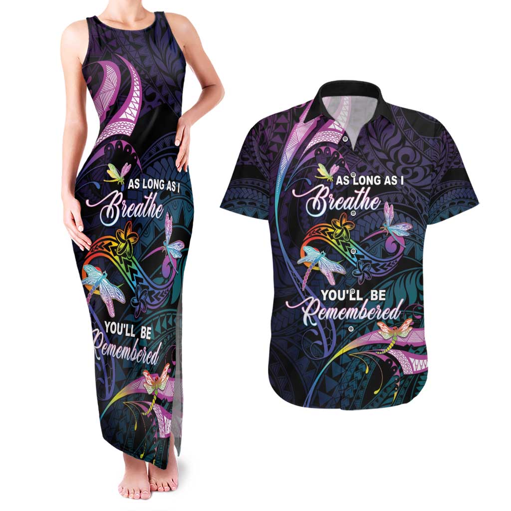 Personalised Polynesia Memorial Couples Matching Tank Maxi Dress and Hawaiian Shirt Always Remembered Dragonfly Polynesian Style