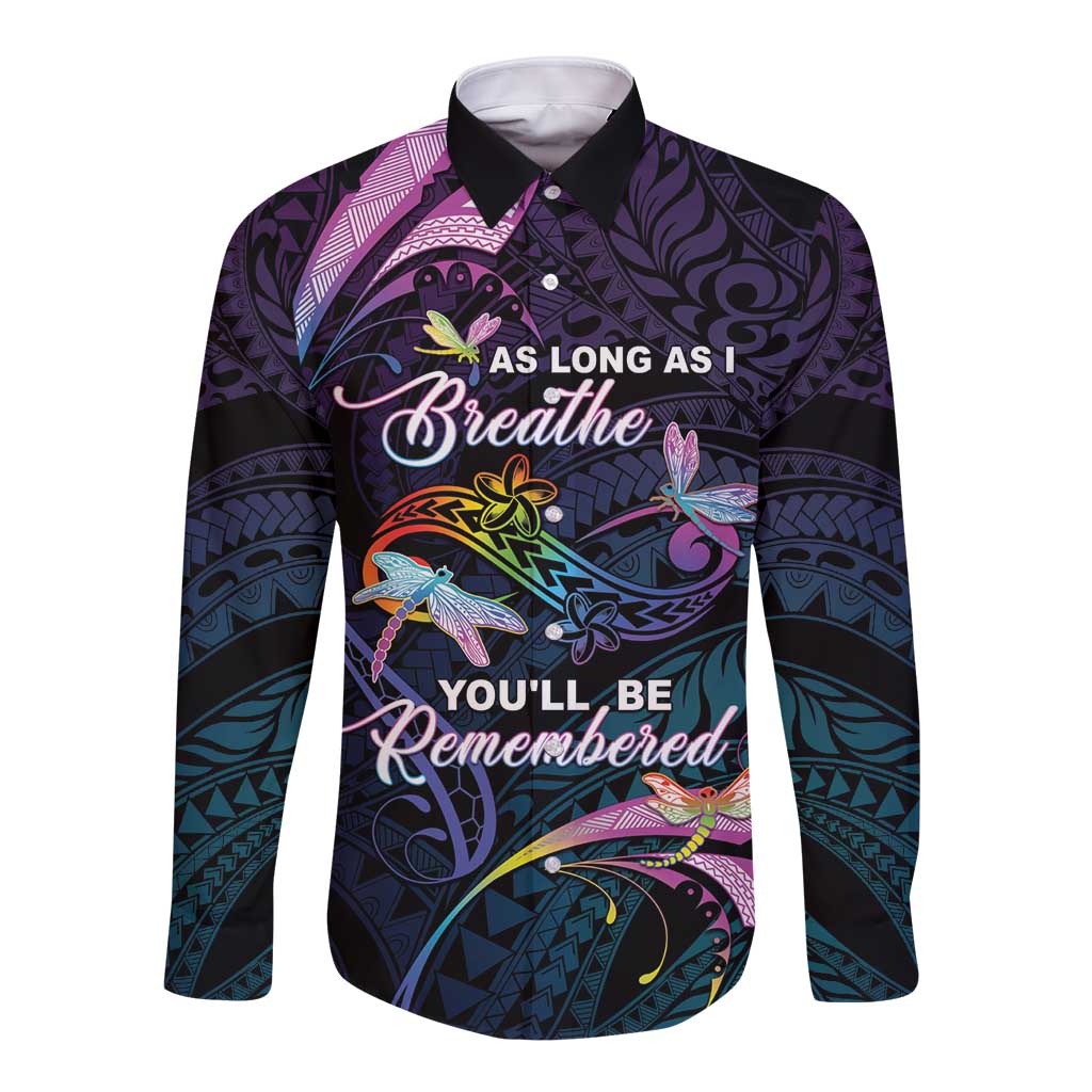 Personalised Polynesia Memorial Long Sleeve Button Shirt Always Remembered Dragonfly Polynesian Style LT05 Unisex Colorful - Polynesian Pride