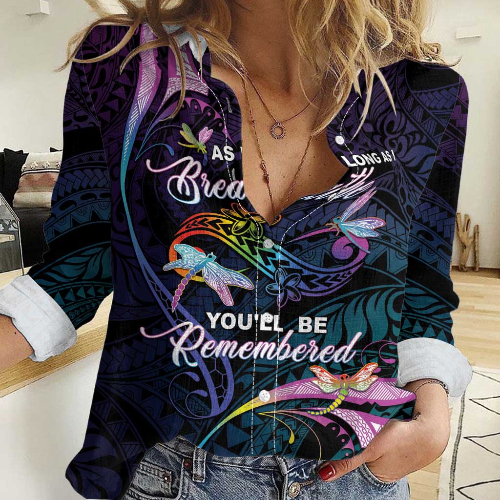 Personalised Polynesia Memorial Women Casual Shirt Always Remembered Dragonfly Polynesian Style LT05 Female Colorful - Polynesian Pride