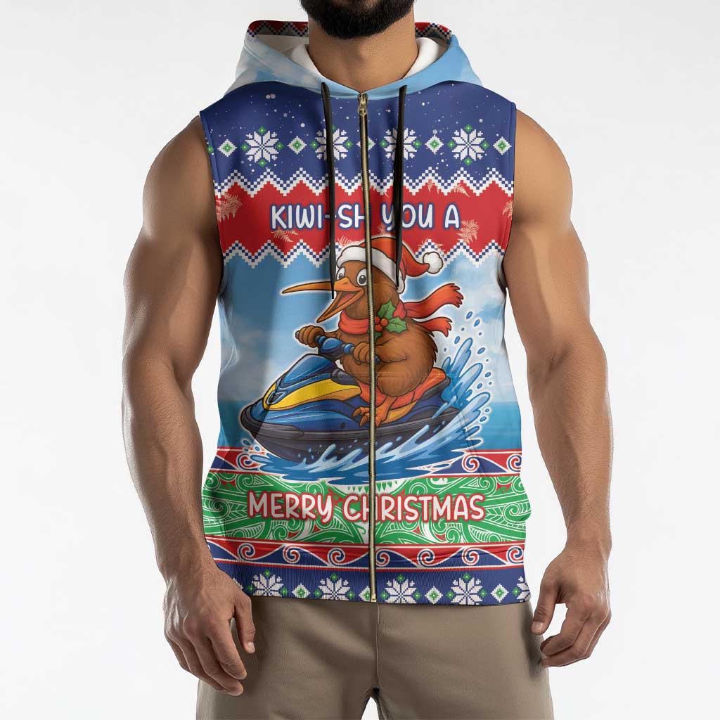 New Zealand Christmas Sleeveless Zip Hoodie Funny Jet Ride Kiwi Xmas - Polynesian Pride