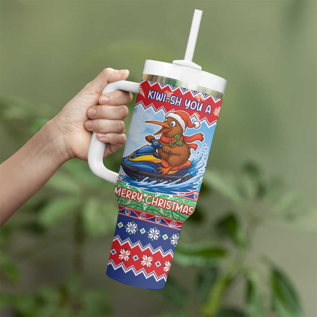 New Zealand Christmas Tumbler With Handle Funny Jet Ride Kiwi Xmas - Polynesian Pride