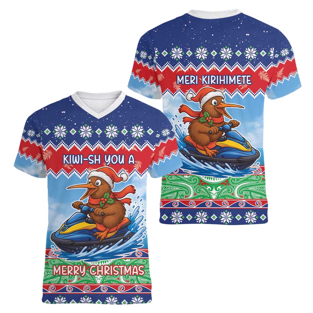 New Zealand Christmas Women V-Neck T-Shirt Funny Jet Ride Kiwi Xmas - Polynesian Pride