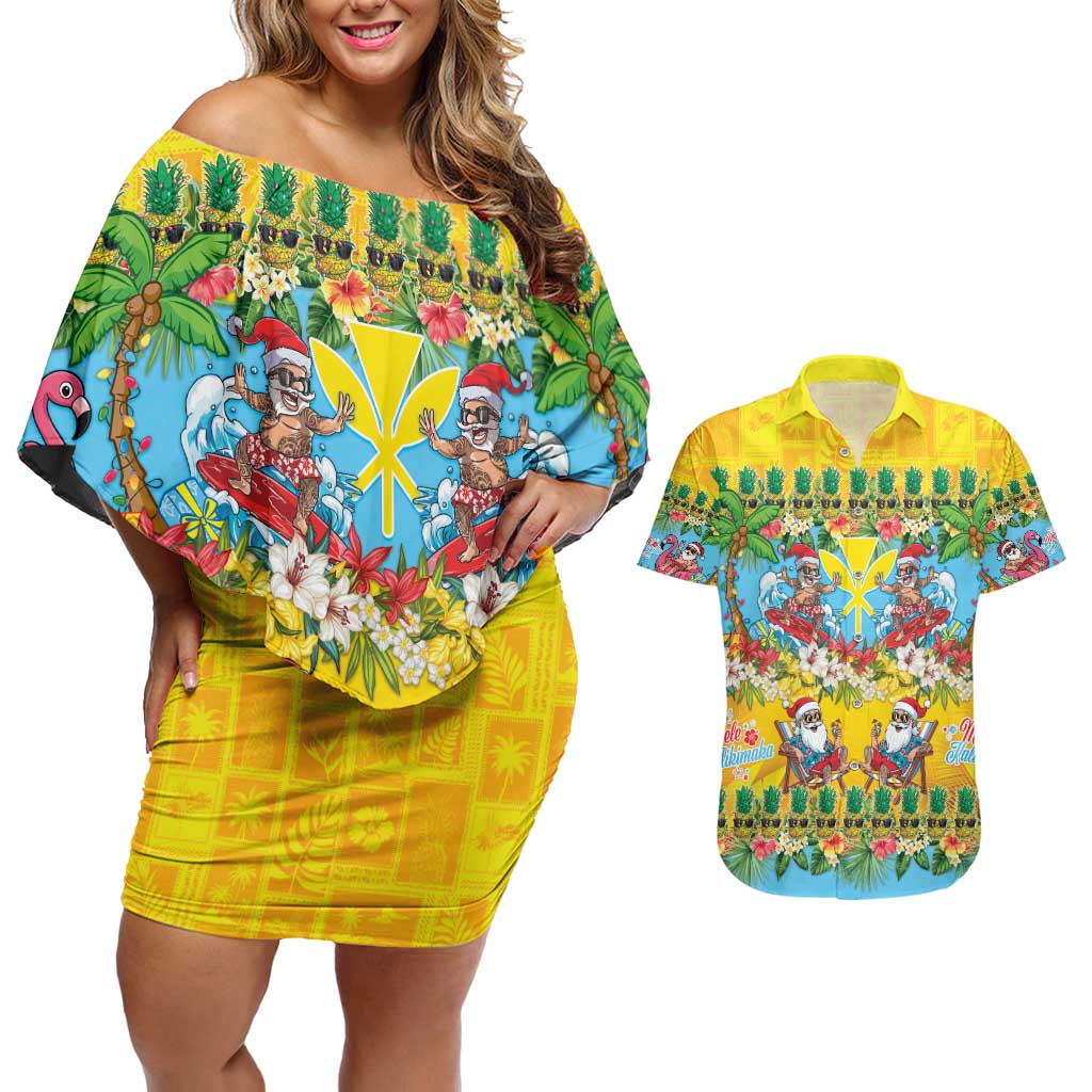 Hawaii Christmas Couples Matching Off Shoulder Short Dress and Hawaiian Shirt Mele Kalikimaka Tropical Vibes LT05 Colorful - Polynesian Pride