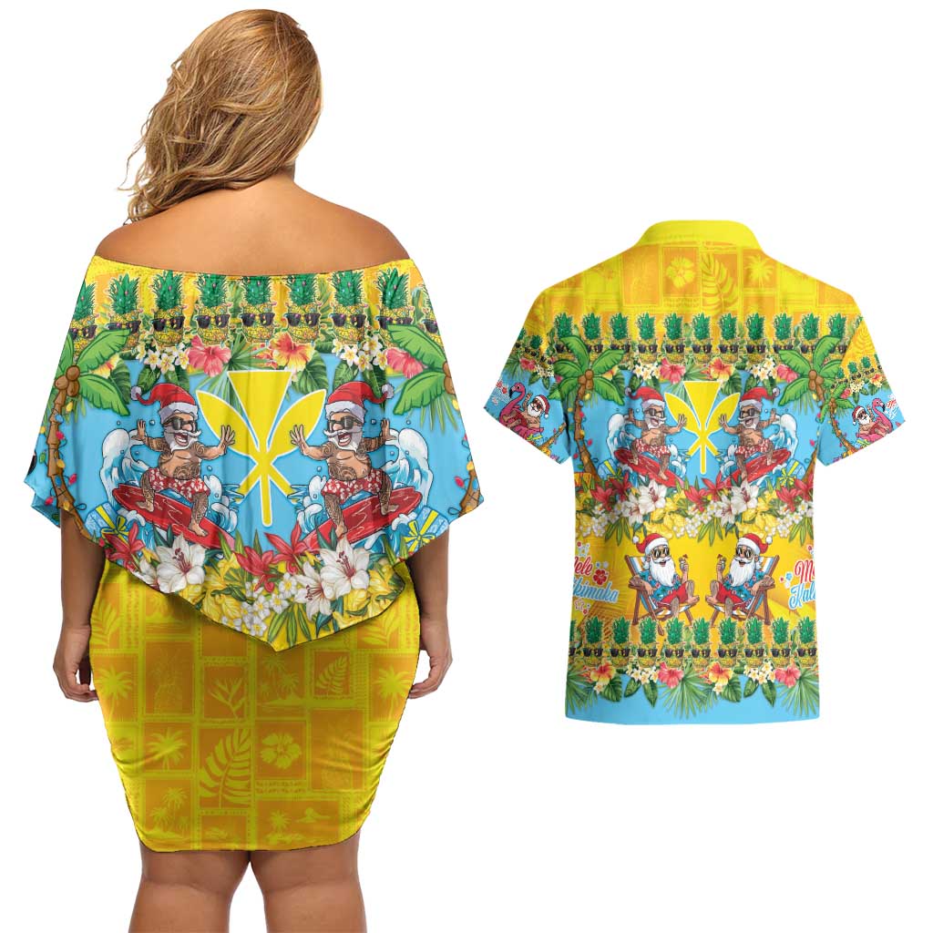 Hawaii Christmas Couples Matching Off Shoulder Short Dress and Hawaiian Shirt Mele Kalikimaka Tropical Vibes LT05 - Polynesian Pride