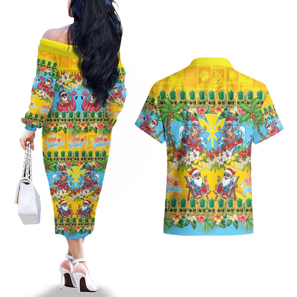 Hawaii Christmas Couples Matching Off The Shoulder Long Sleeve Dress and Hawaiian Shirt Mele Kalikimaka Tropical Vibes - Polynesian Pride