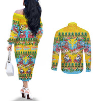 Hawaii Christmas Couples Matching Off The Shoulder Long Sleeve Dress and Long Sleeve Button Shirt Mele Kalikimaka Tropical Vibes - Polynesian Pride