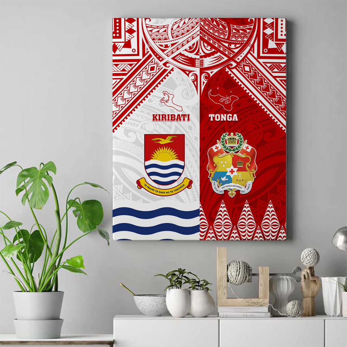 Tonga And Kiribati Canvas Wall Art Coat Of Arms Polynesian Pattern LT05 Red - Polynesian Pride