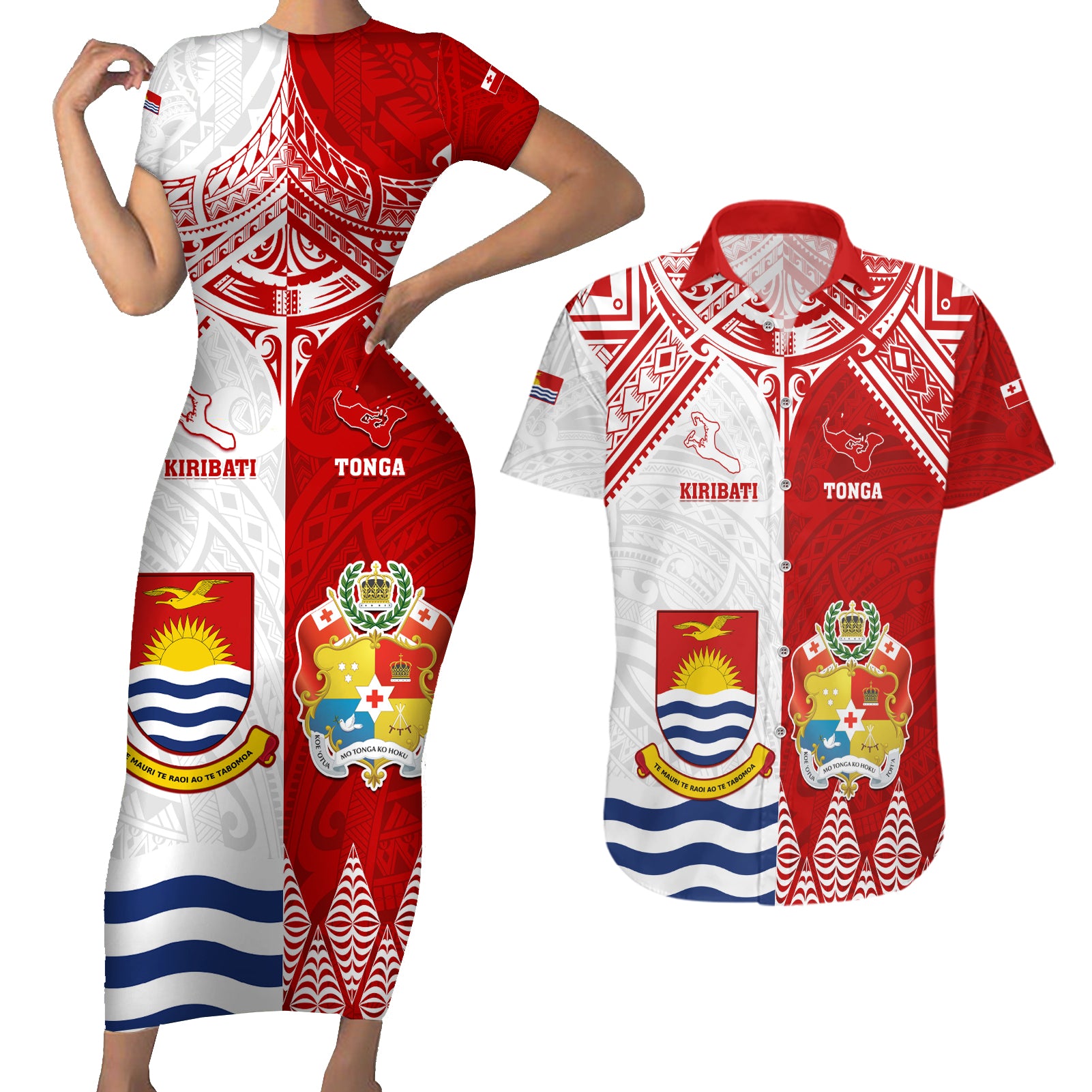 Personalised Tonga And Kiribati Couples Matching Short Sleeve Bodycon Dress and Hawaiian Shirt Coat Of Arms Polynesian Pattern LT05 Red - Polynesian Pride