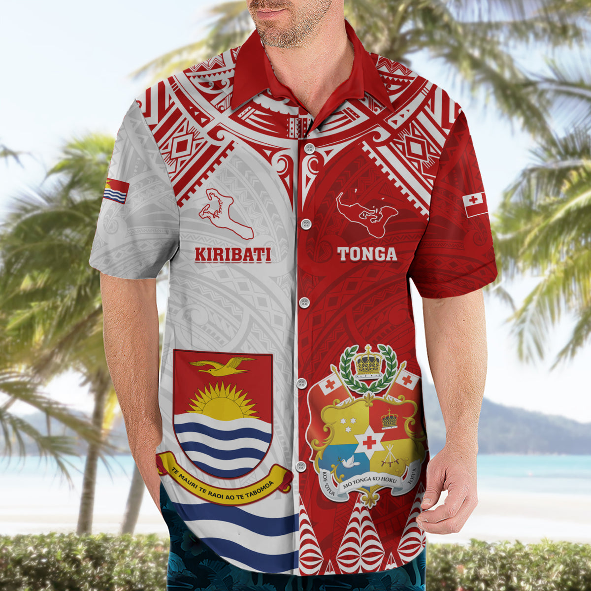 Personalised Tonga And Kiribati Hawaiian Shirt Coat Of Arms Polynesian Pattern LT05 - Polynesian Pride