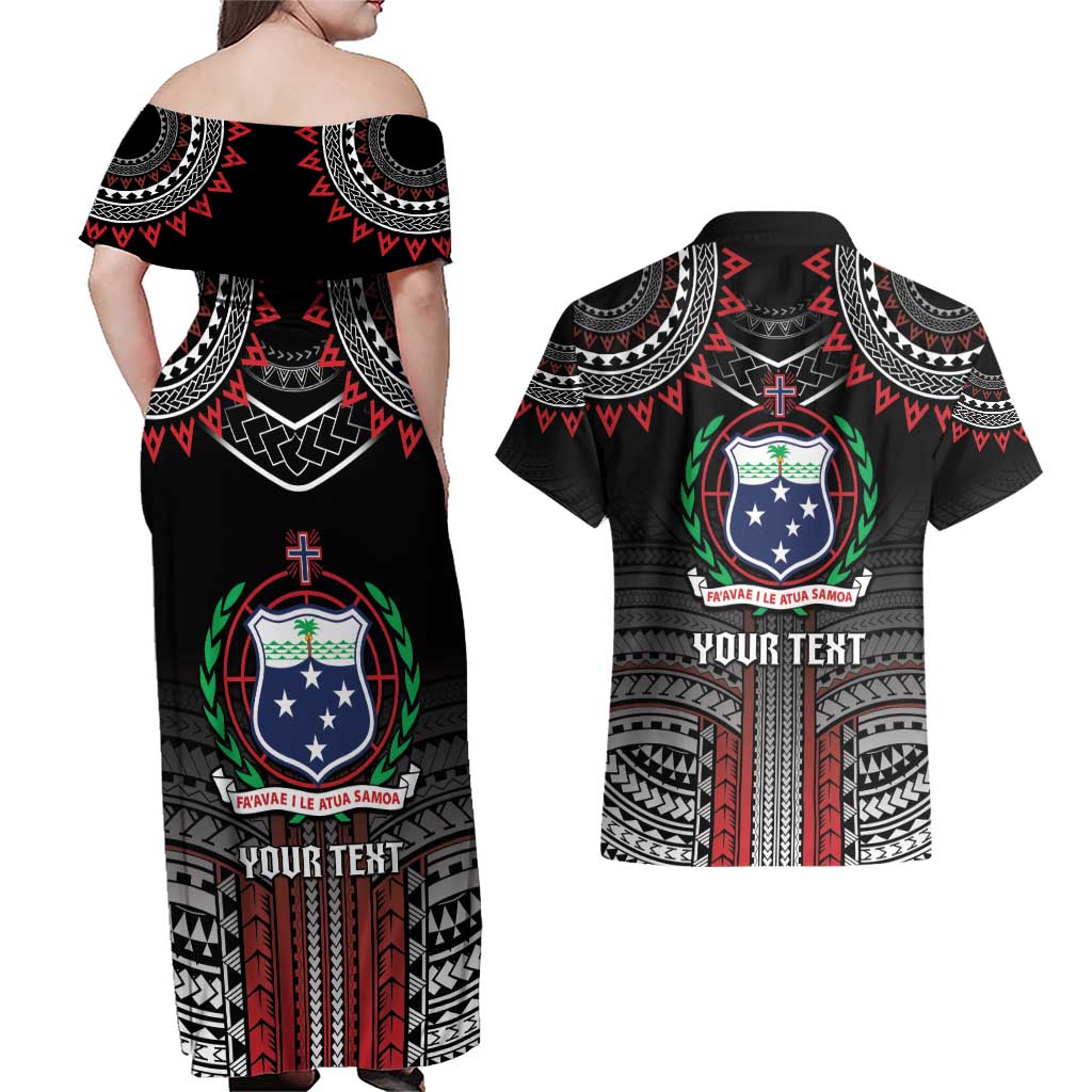 Personalised Samoa Black Saturday Couples Matching Off Shoulder Maxi Dress and Hawaiian Shirt Samoan Warrior Tribal Pattern