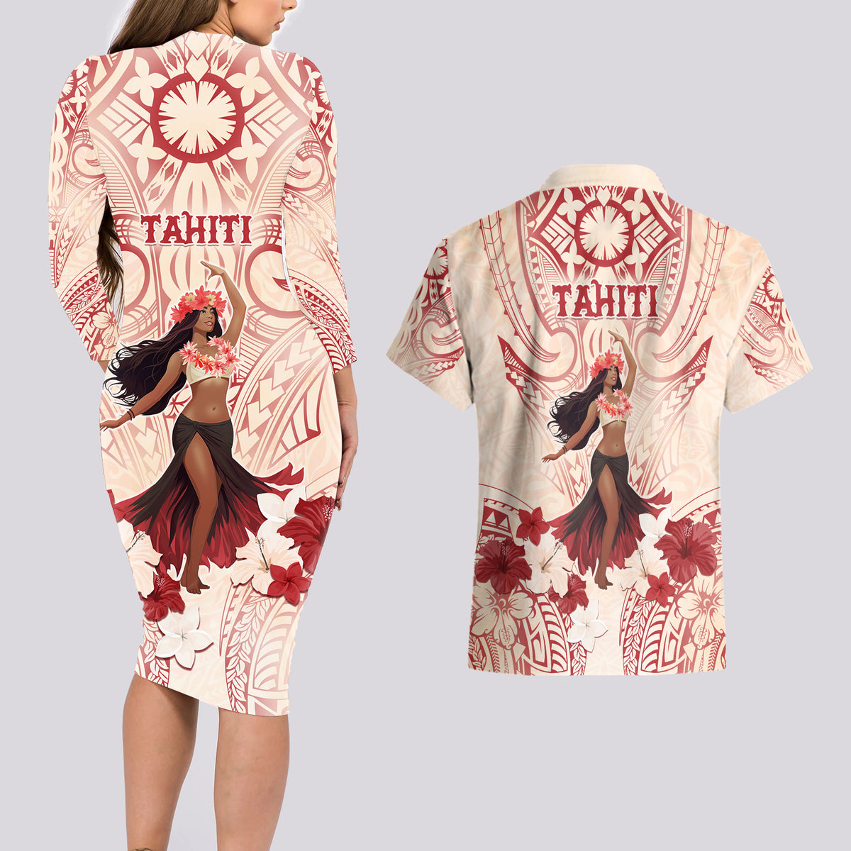 Tahiti Women's Day Couples Matching Long Sleeve Bodycon Dress and Hawaiian Shirt With Polynesian Pattern LT05 - Polynesian Pride