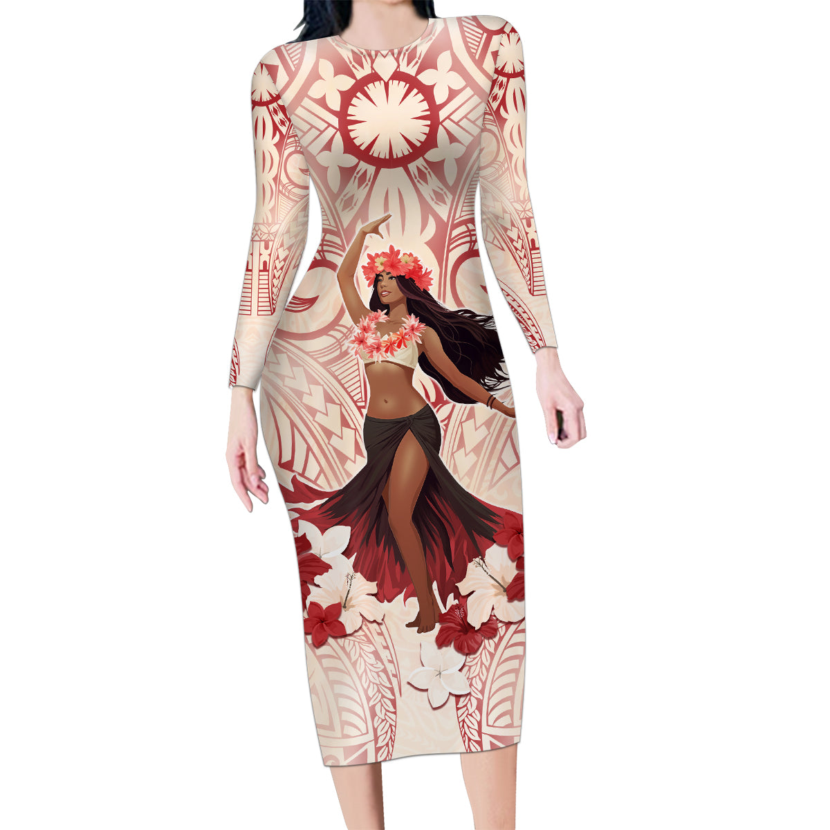 Tahiti Women's Day Family Matching Long Sleeve Bodycon Dress and Hawaiian Shirt With Polynesian Pattern LT05 Mom's Dress Beige - Polynesian Pride