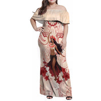 Tahiti Women's Day Family Matching Off Shoulder Maxi Dress and Hawaiian Shirt With Polynesian Pattern LT05 Mom's Dress Beige - Polynesian Pride