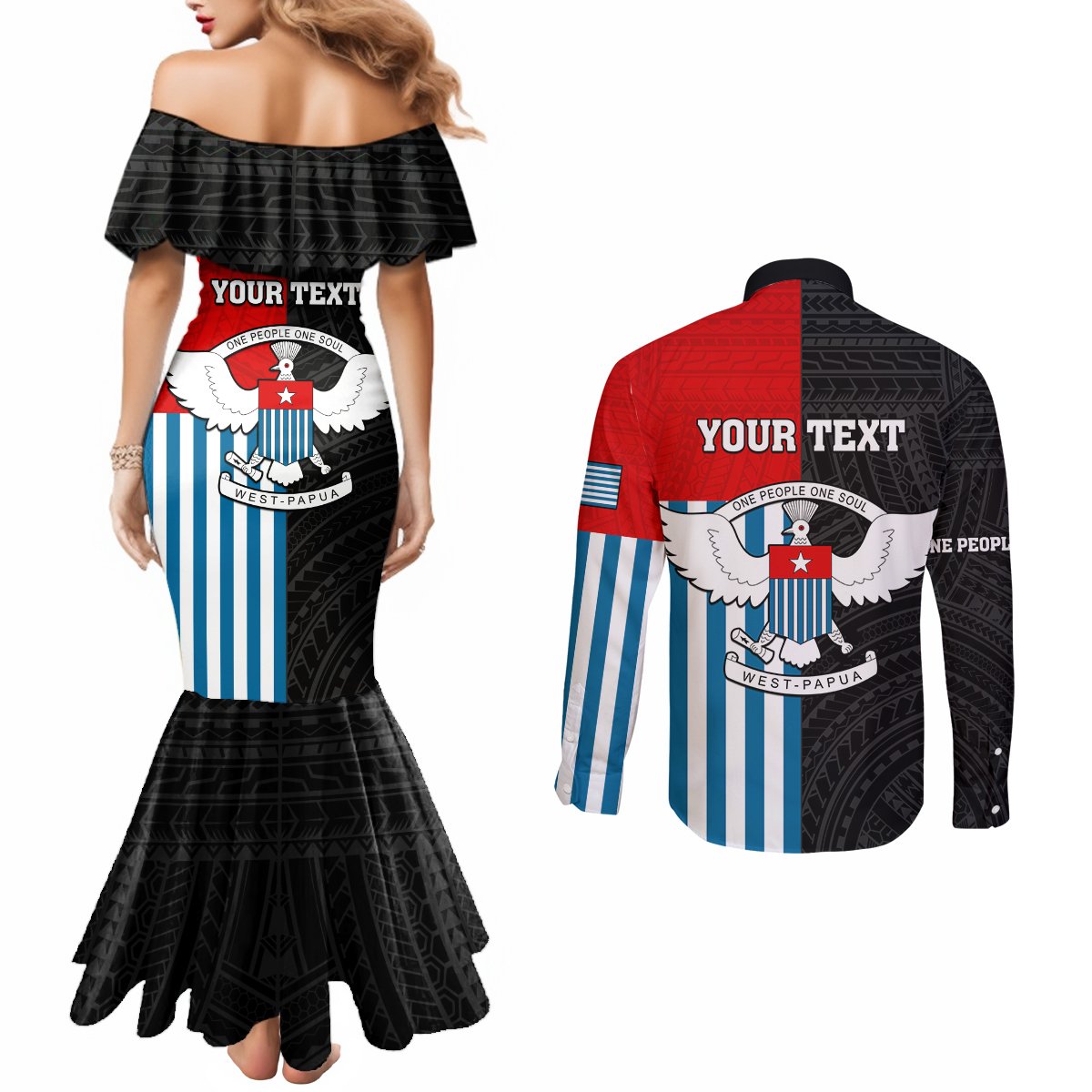 Personalised West Papua Couples Matching Mermaid Dress and Long Sleeve Button Shirt Polynesian Pattern With Coat Of Arms LT05 - Polynesian Pride
