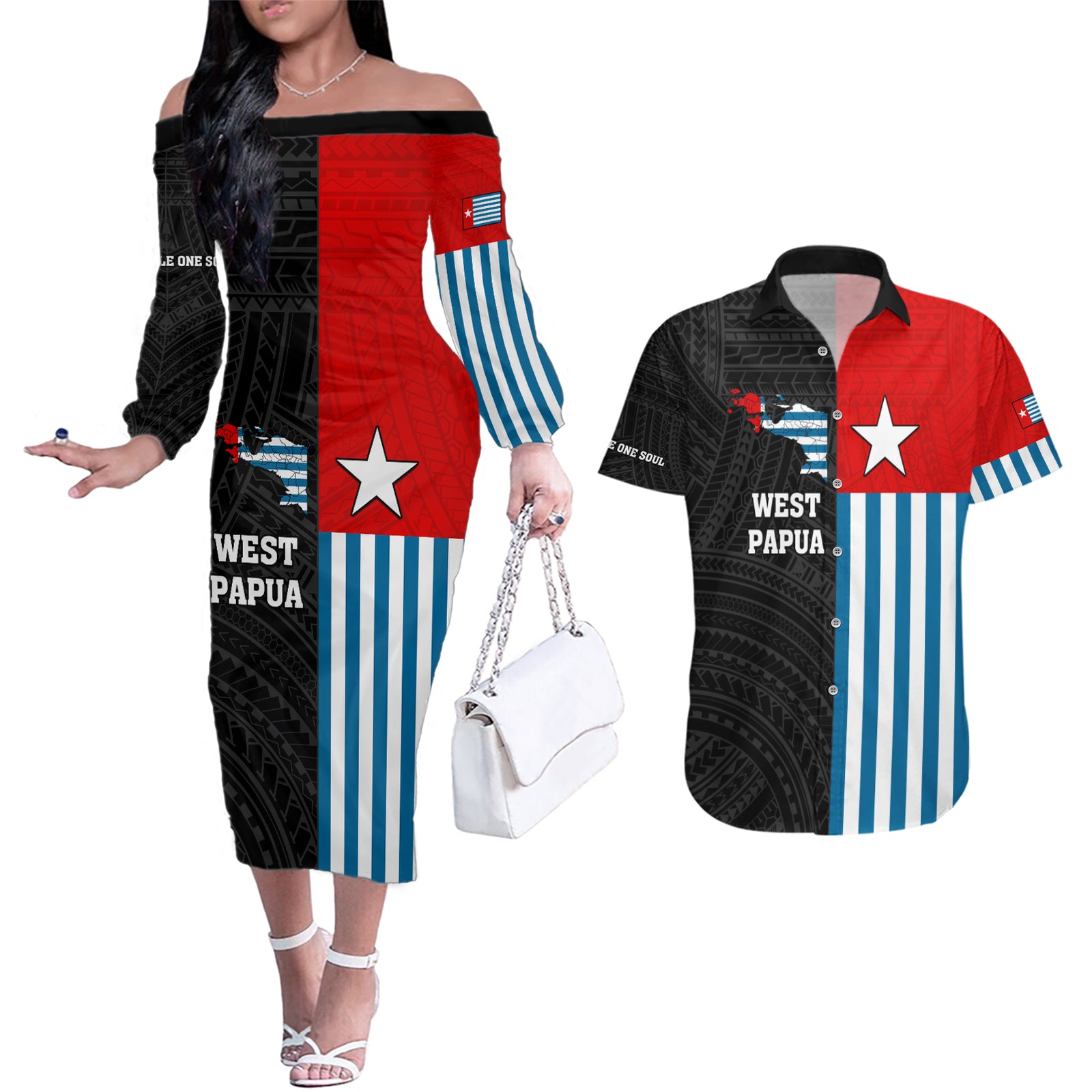 Personalised West Papua Couples Matching Off The Shoulder Long Sleeve Dress and Hawaiian Shirt Polynesian Pattern With Coat Of Arms LT05 Blue - Polynesian Pride