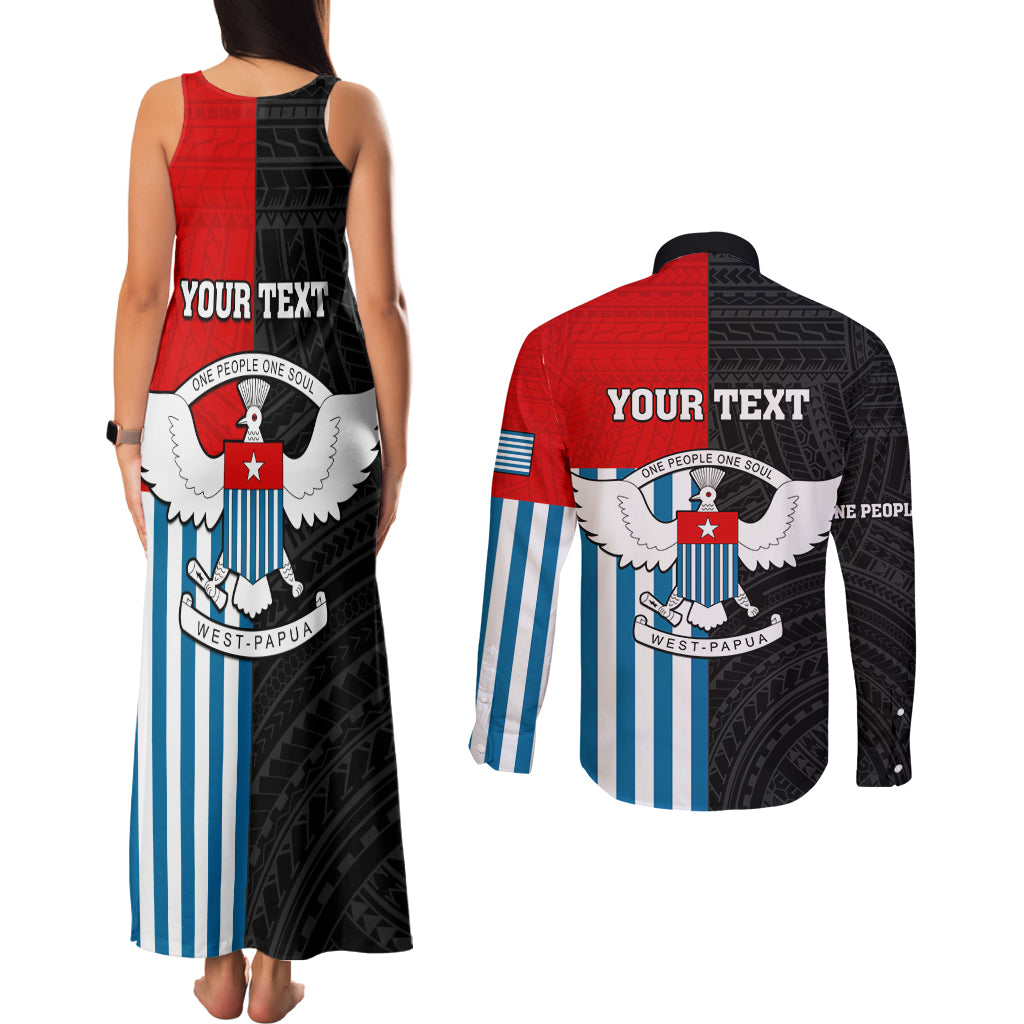 Personalised West Papua Couples Matching Tank Maxi Dress and Long Sleeve Button Shirt Polynesian Pattern With Coat Of Arms LT05 - Polynesian Pride