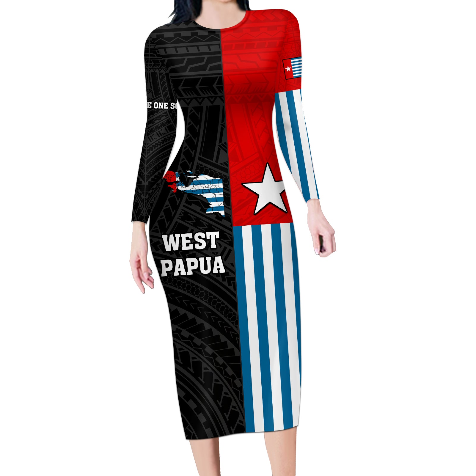 Personalised West Papua Long Sleeve Bodycon Dress Polynesian Pattern With Coat Of Arms LT05 Long Dress Blue - Polynesian Pride
