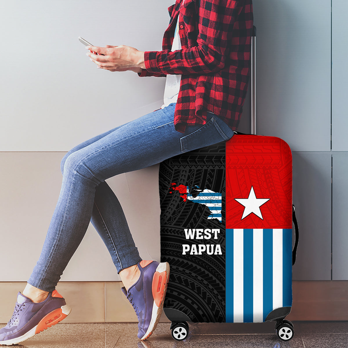 Personalised West Papua Luggage Cover Polynesian Pattern With Coat Of Arms