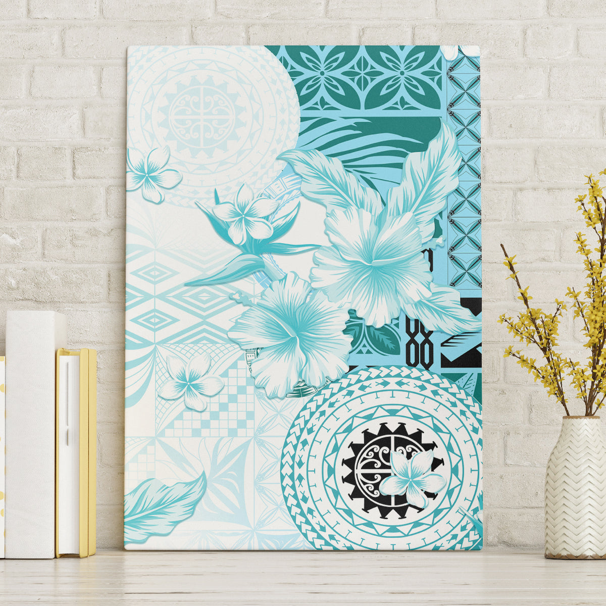 Samoa Siapo Pattern With Teal Hibiscus Canvas Wall Art LT05 Without Frame Teal - Polynesian Pride