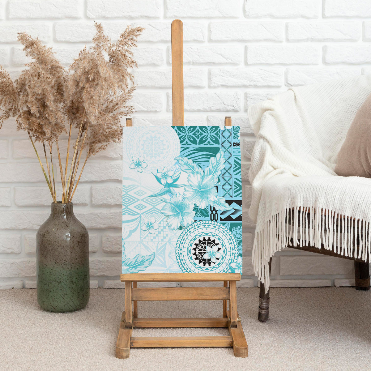 Samoa Siapo Pattern With Teal Hibiscus Canvas Wall Art LT05 - Polynesian Pride
