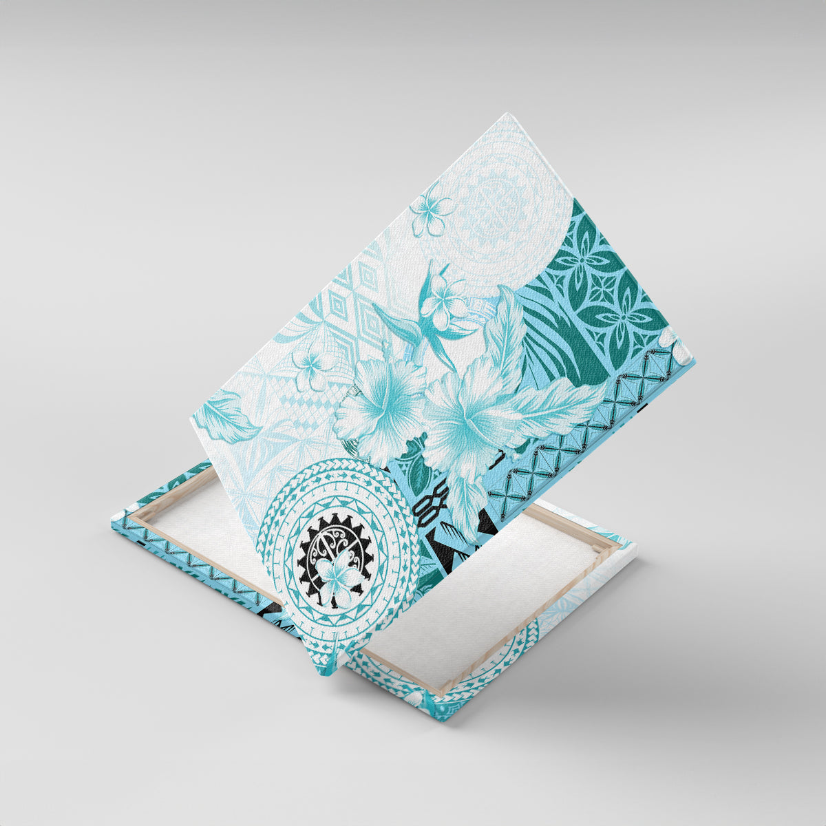 Samoa Siapo Pattern With Teal Hibiscus Canvas Wall Art LT05 With Frame Teal - Polynesian Pride
