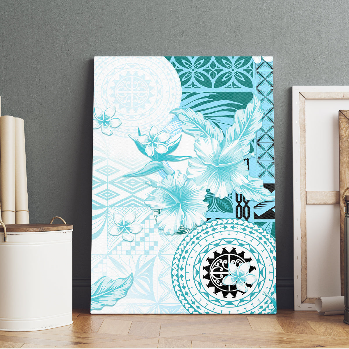 Samoa Siapo Pattern With Teal Hibiscus Canvas Wall Art LT05 - Polynesian Pride