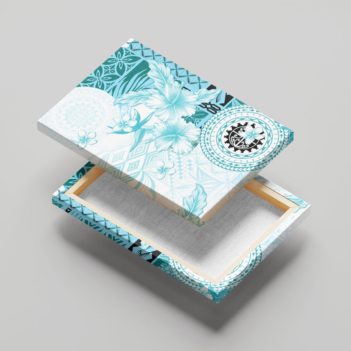 Samoa Siapo Pattern With Teal Hibiscus Canvas Wall Art LT05 - Polynesian Pride