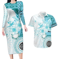 Samoa Siapo Pattern With Teal Hibiscus Couples Matching Long Sleeve Bodycon Dress and Hawaiian Shirt LT05 Teal - Polynesian Pride