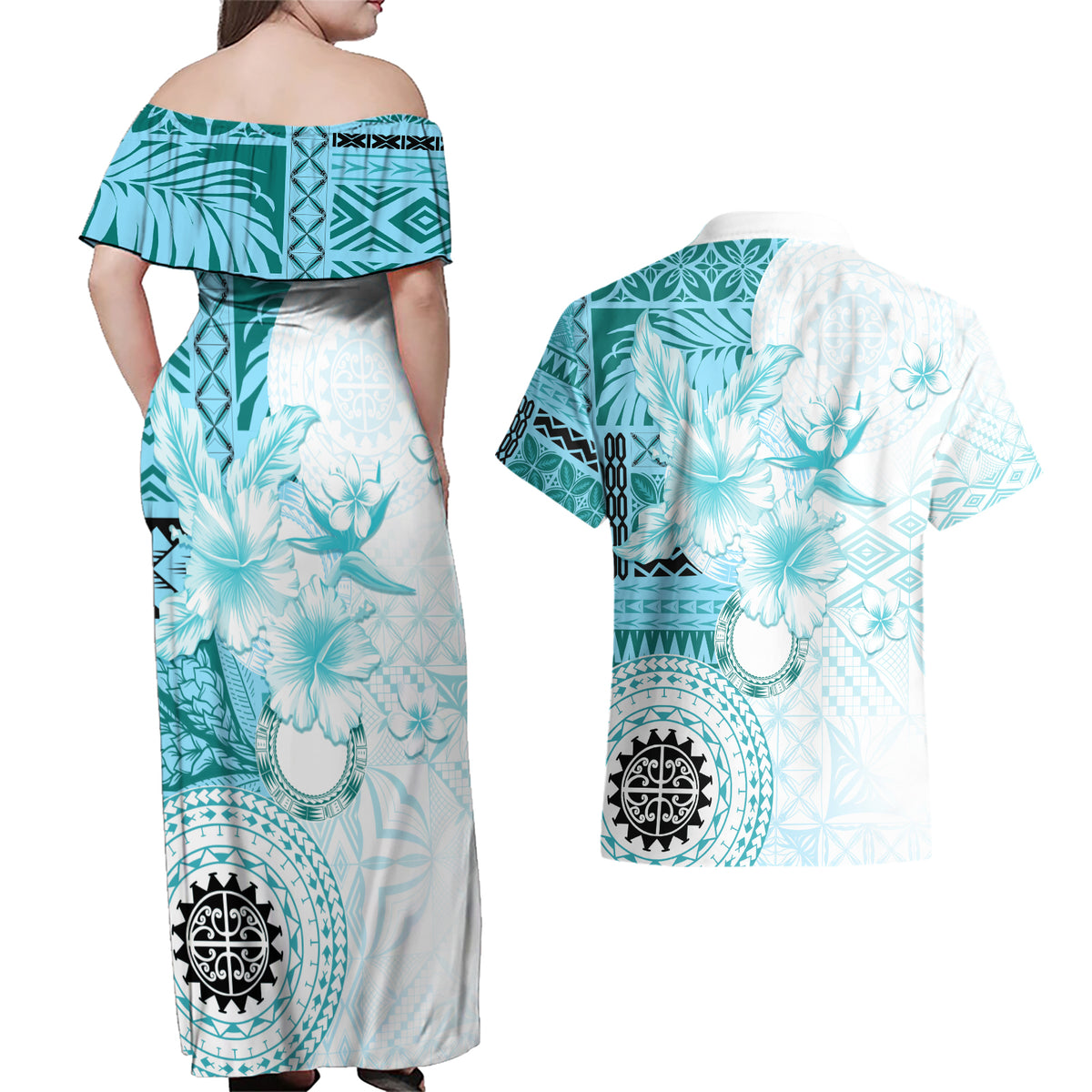 Samoa Siapo Pattern With Teal Hibiscus Couples Matching Off Shoulder Maxi Dress and Hawaiian Shirt LT05 - Polynesian Pride