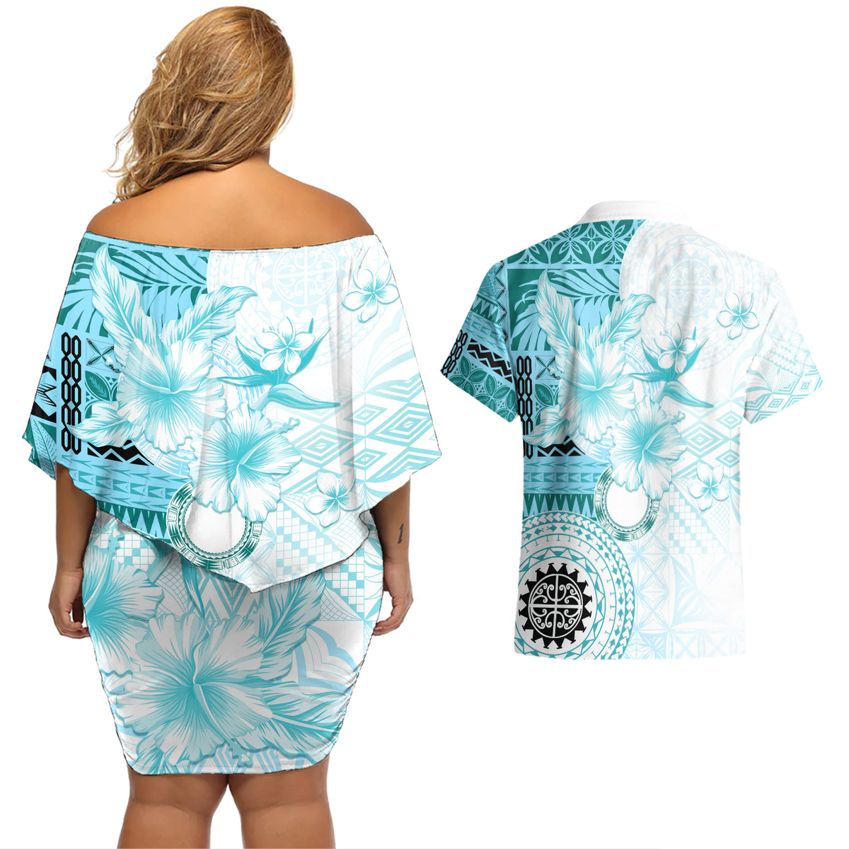 Samoa Siapo Pattern With Teal Hibiscus Couples Matching Off Shoulder Short Dress and Hawaiian Shirt LT05 - Polynesian Pride