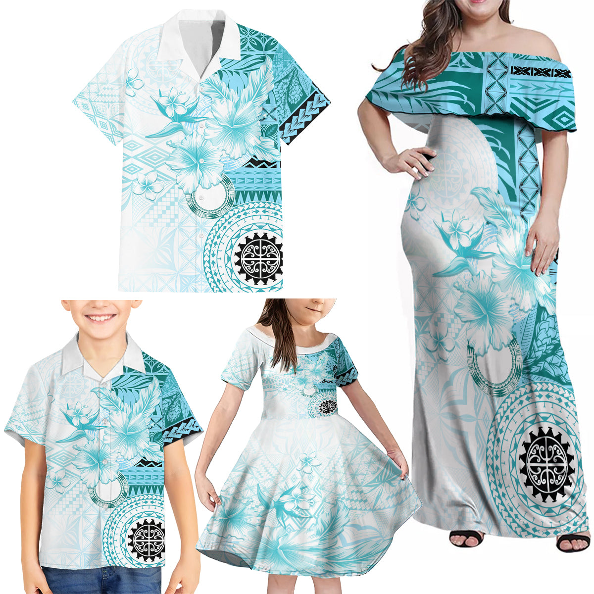 Samoa Siapo Pattern With Teal Hibiscus Family Matching Off Shoulder Maxi Dress and Hawaiian Shirt LT05 - Polynesian Pride