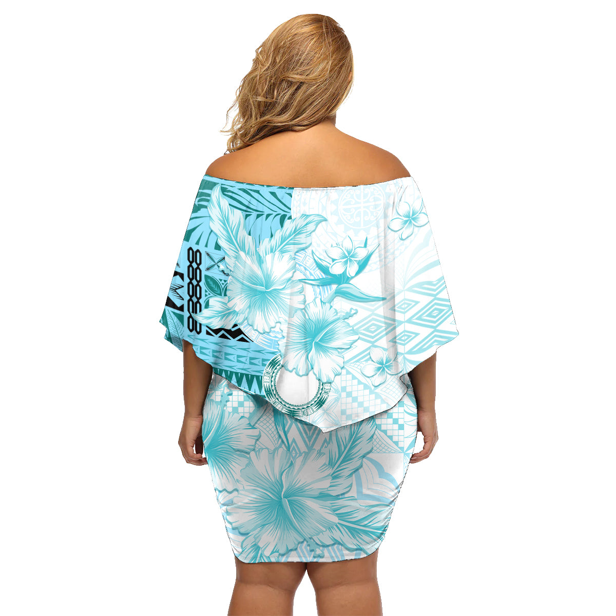 Samoa Siapo Pattern With Teal Hibiscus Family Matching Off Shoulder Short Dress and Hawaiian Shirt LT05 - Polynesian Pride
