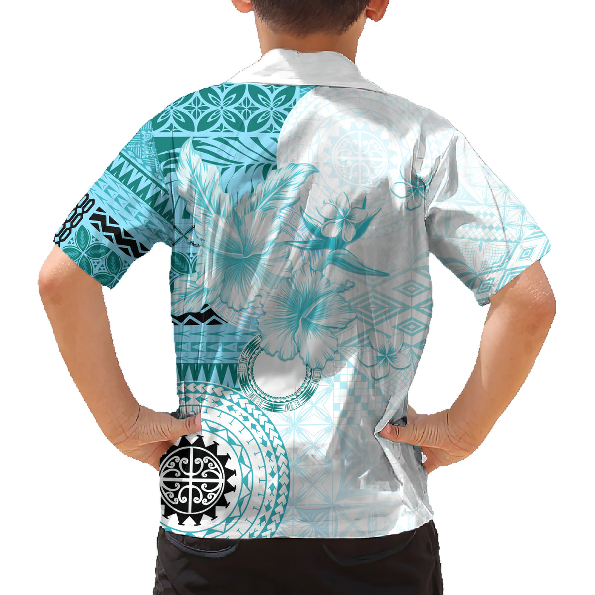 Samoa Siapo Pattern With Teal Hibiscus Kid Hawaiian Shirt LT05 - Polynesian Pride