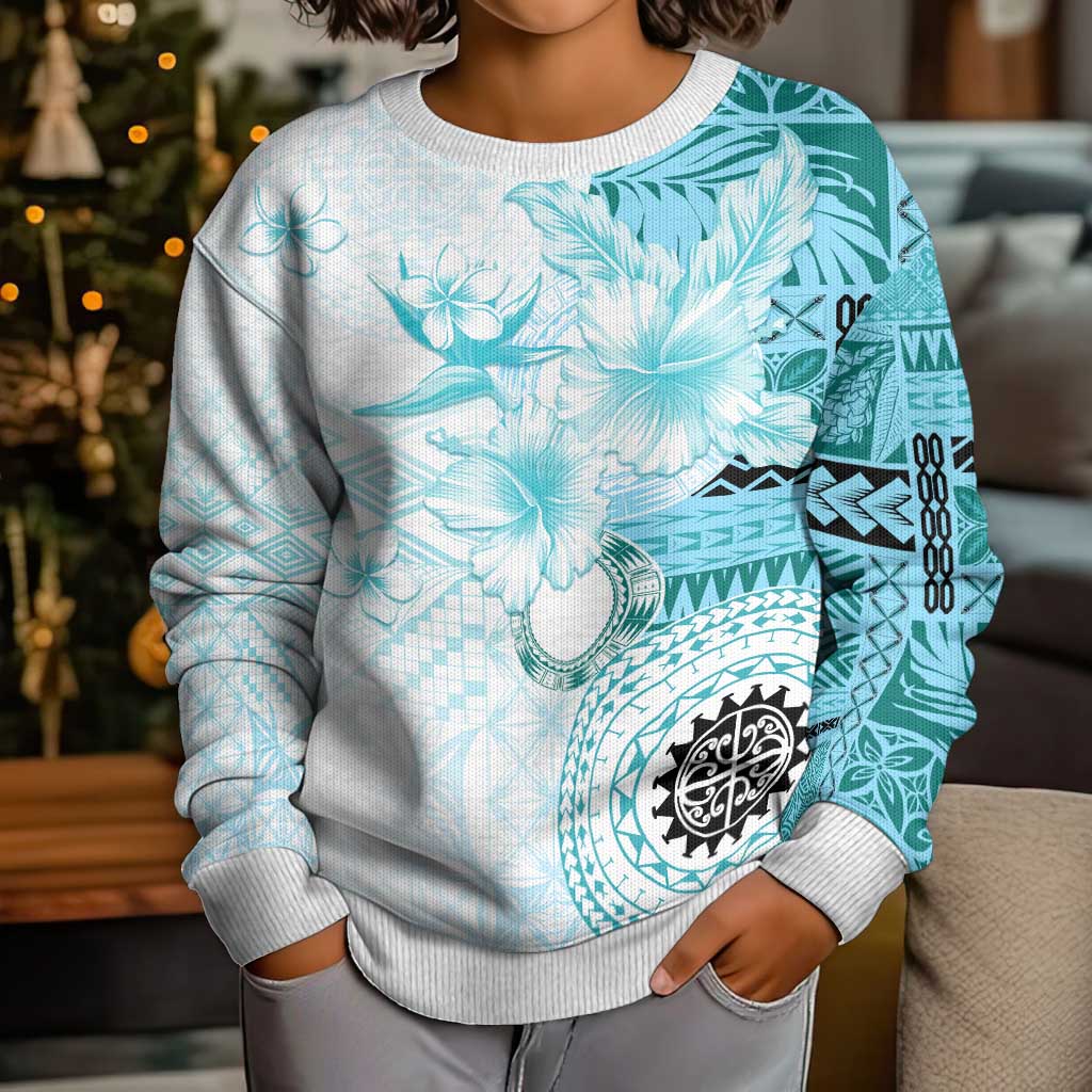 Samoa Siapo Pattern With Teal Hibiscus Kid Ugly Christmas Sweater