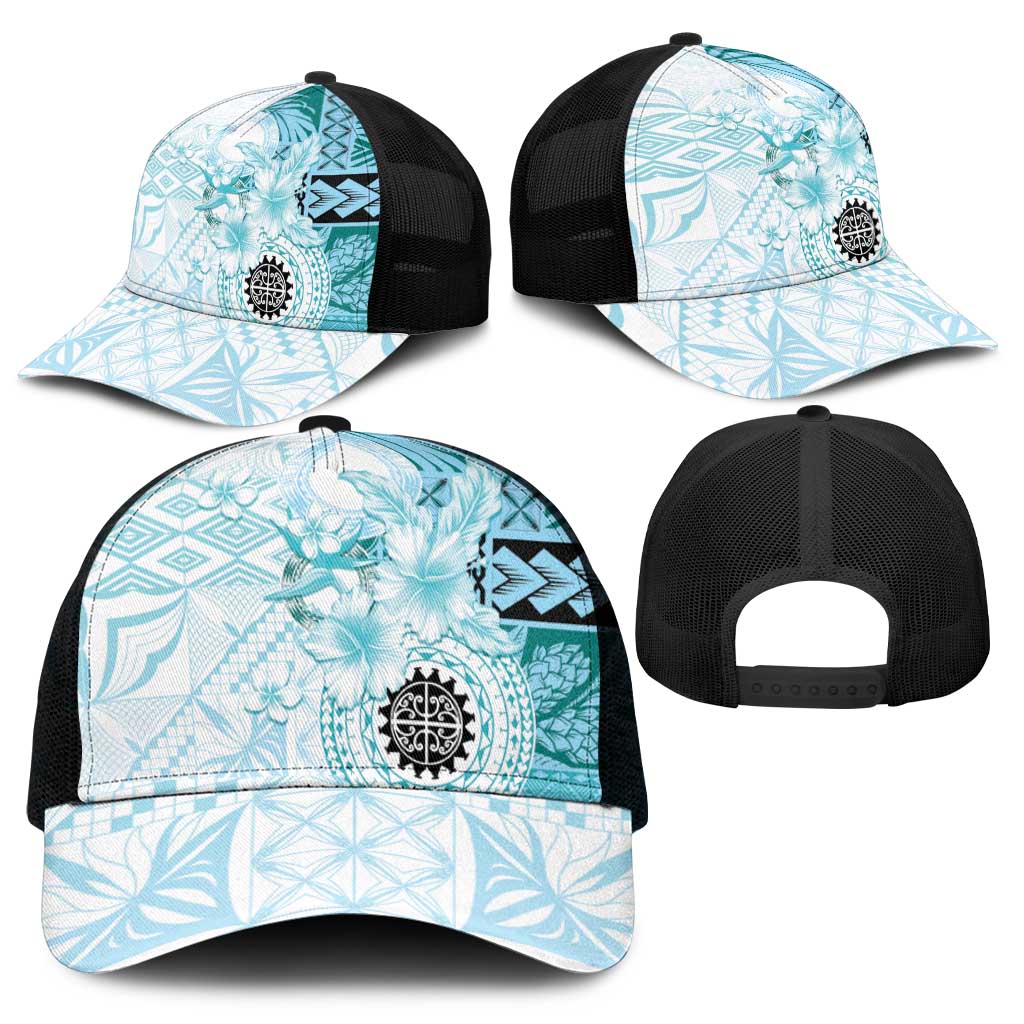 Samoa Siapo Pattern With Teal Hibiscus Mesh Trucker Cap - Polynesian Pride