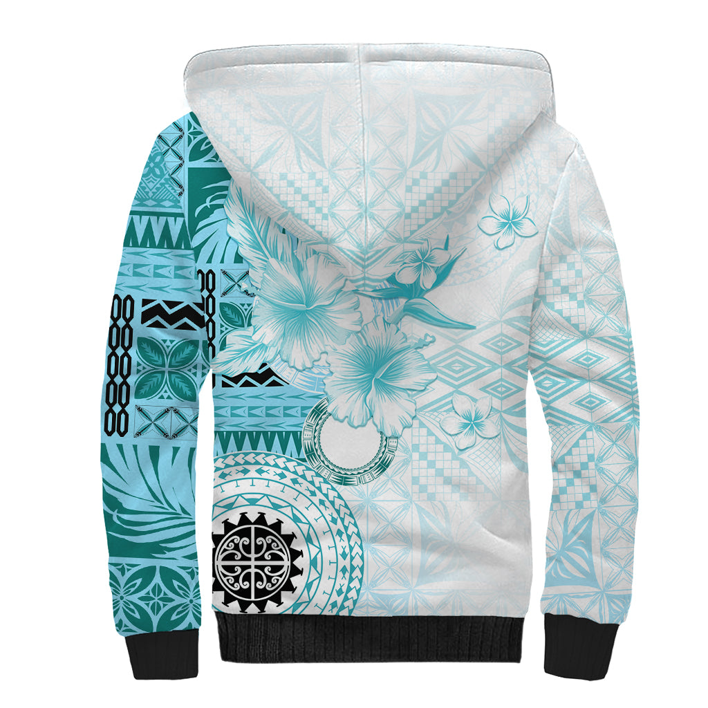 Samoa Siapo Pattern With Teal Hibiscus Sherpa Hoodie LT05 - Polynesian Pride