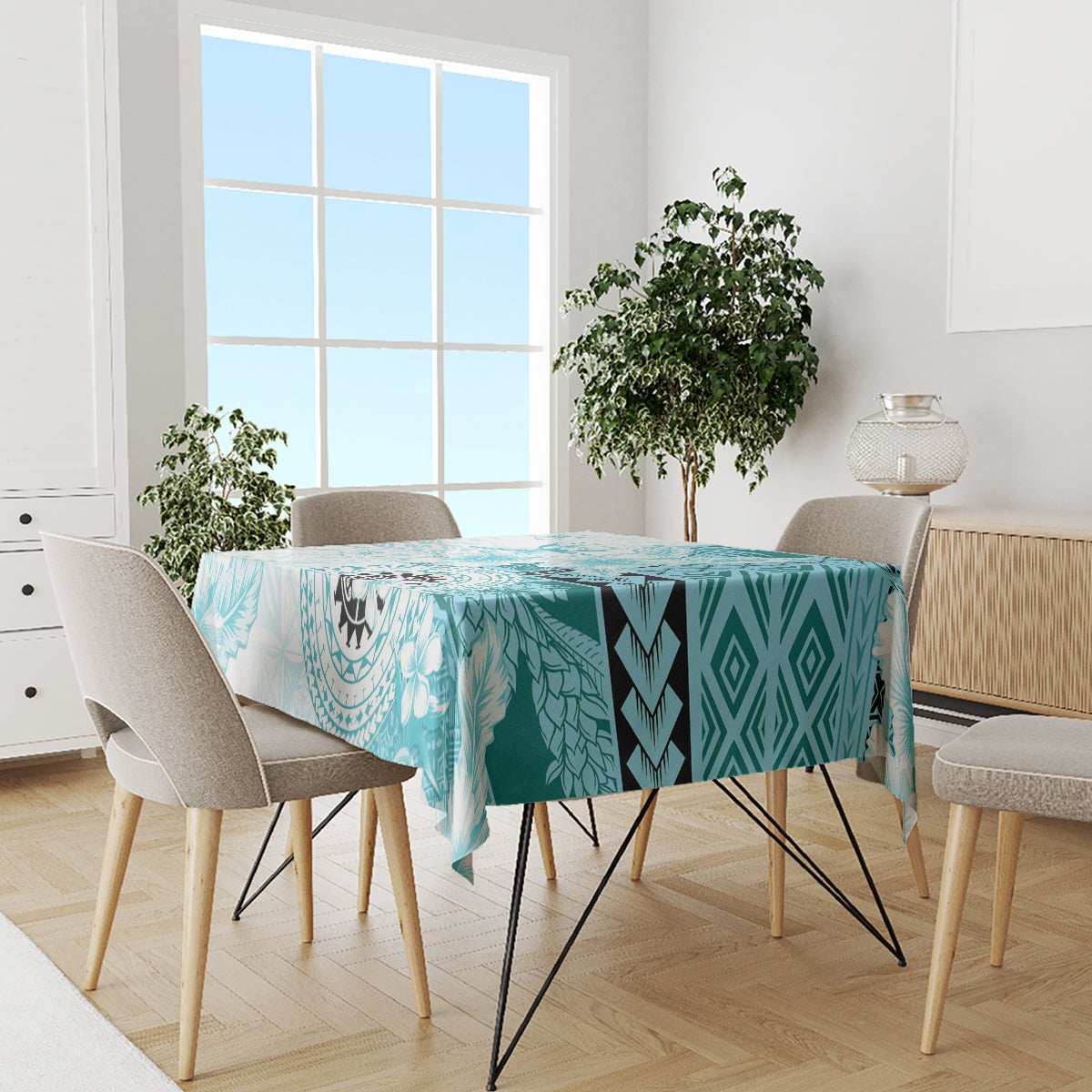 Samoa Siapo Pattern With Teal Hibiscus Tablecloth