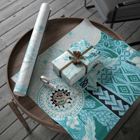 Samoa Siapo Pattern With Teal Hibiscus Wrapping Paper - Polynesian Pride