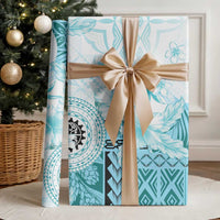 Samoa Siapo Pattern With Teal Hibiscus Wrapping Paper - Polynesian Pride