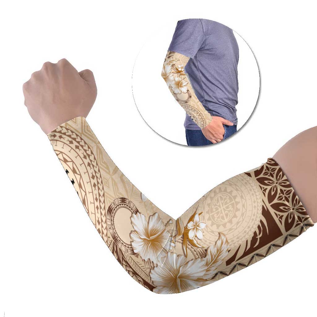 Samoa Siapo Pattern With Beige Hibiscus Arm Sleeves - Polynesian Pride