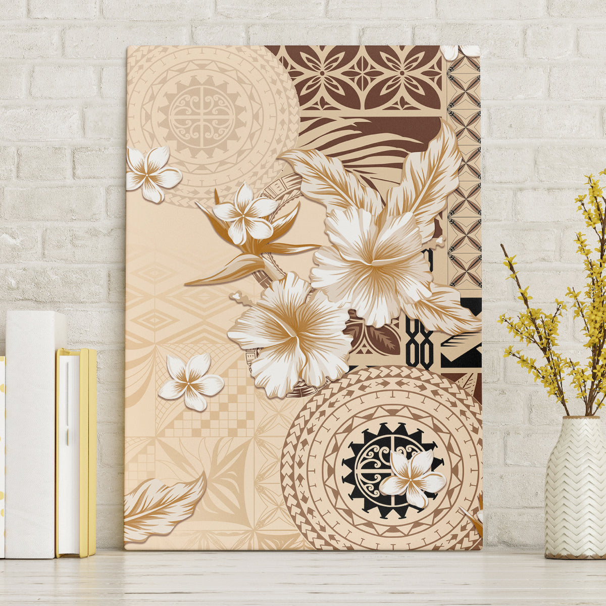 Samoa Siapo Pattern With Beige Hibiscus Canvas Wall Art LT05 Without Frame Beige - Polynesian Pride