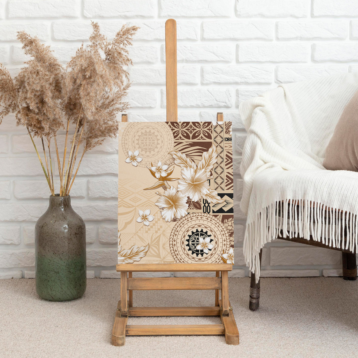 Samoa Siapo Pattern With Beige Hibiscus Canvas Wall Art LT05 - Polynesian Pride